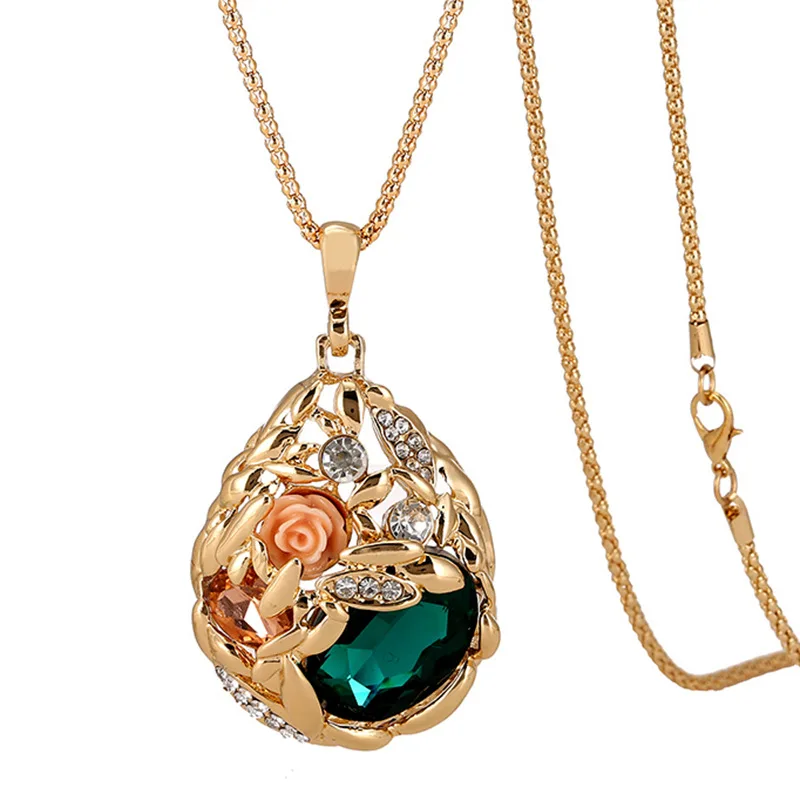 JINSE модное ожерелье-свитер золотого цвета, цепочка с попкорном, ювелирные изделия с кристаллами, ожерелье с кулоном, женский подарок, розовое ожерелье NEB005 - Окраска металла: green