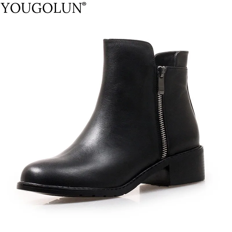 

YOUGOLUN Genuine Leather Ankle Boots for Women Autumn New Lady Round toe Comfortable Shoes Woman Black Zipper Mid Heels #B205