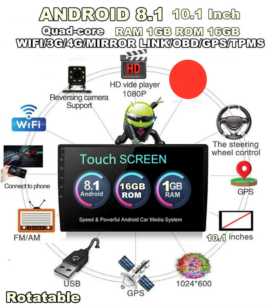Cheap 10.1" Android 8.1 HD 2DIN Rotatable Car Multimedia Player Touch Screen 4G Full Netcom RAM 1GB ROM+16GB Wifi Mirror Link 6