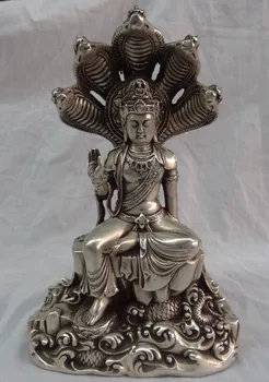 

12" Tibet Buddhist Joss Silver 5 Snake Head Naga Kanya Shakyamuni Buddha Statue