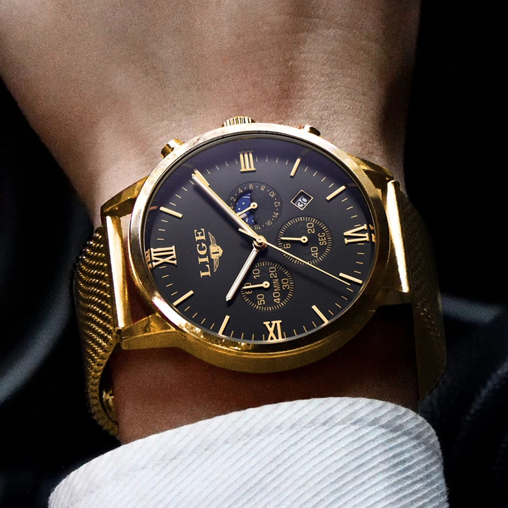 LIGE Fashion Mens Watches Top Brand Luxury Quartz Watch Men Casual Slim Mesh Steel Date Waterproof Sport Watch Relogio Masculino