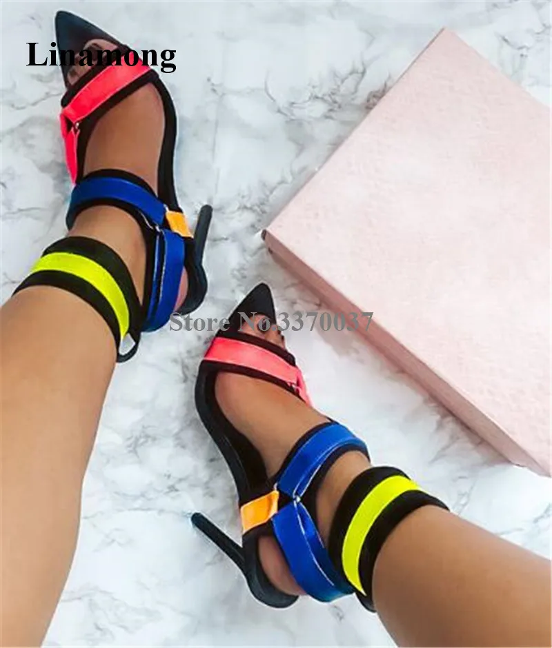 

Newest Brand Design Pointed Open Toe Stiletto Heel Patchwork Gladiator Sandals Buckles Wrap High Heel Sandals Dress Heels Shoes