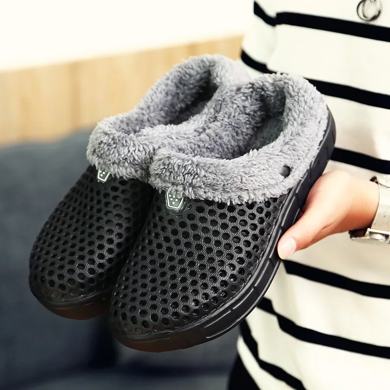 Goedkoop KESMALL Casual Crocus Klompen Met Bont Winter Schoenen Voor Mannen Zachte Pluche Slippers Fleece Voering Thuis Vloer Warm Slipper Mannen schoenen