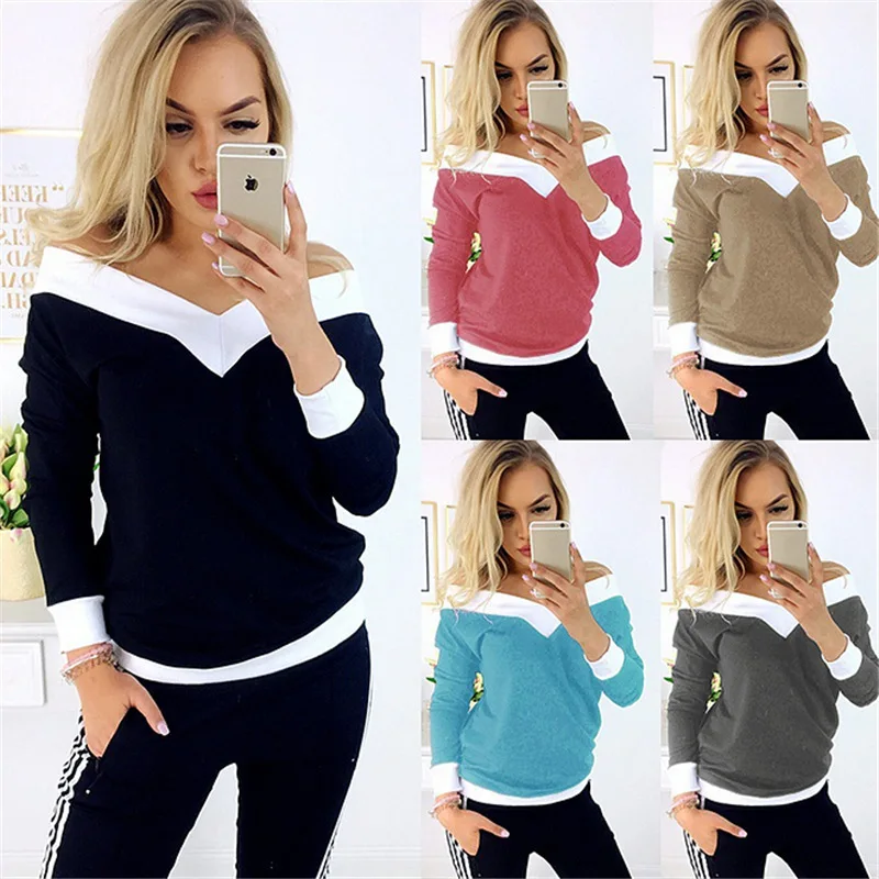 

Sexy Long-Sleeved V-Neck Strapless Top Women Fashion Loose Pullover T-Shirt AliExpress Amazon Wish European And American cross-B