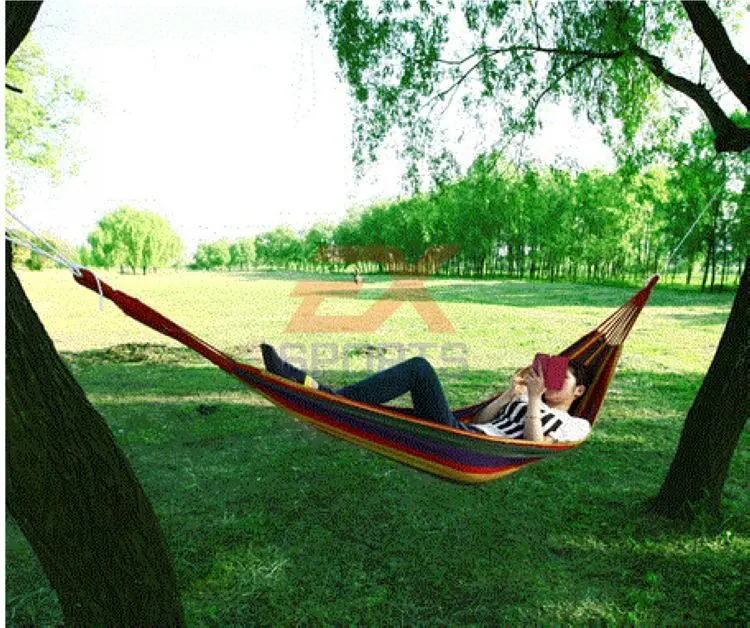 Outdoor Camping Thick Canvas Hammock Colourful Stripy Garden Swing & Bag (1)