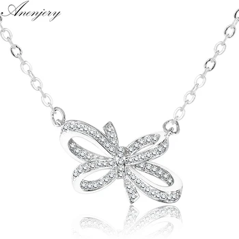 

Anenjery Silver Color Mosaic CZ Zircon Bowknot Necklace For Women Clavicle Short Chain Necklace S-N228