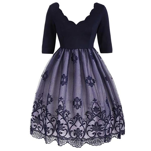 5XL размера плюс, женское кружевное платье с лепестковым воротником, половина рукава, винтажные вечерние платья, повседневное элегантное платье трапециевидной формы с цветочным принтом - Цвет: 3