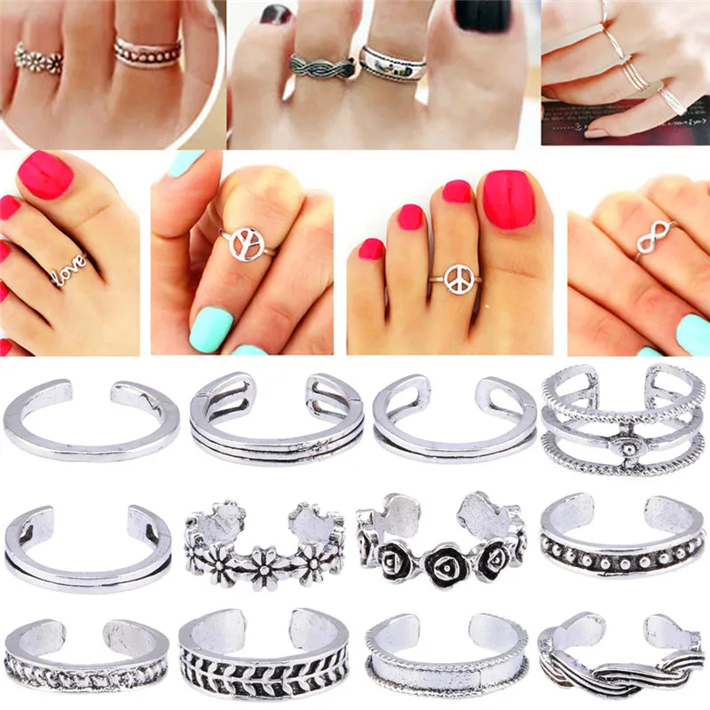 

12 styles Hollow Flower Adjustable Open Toe Rings Finger Beach Foot Jewelry Carved Toe Rings