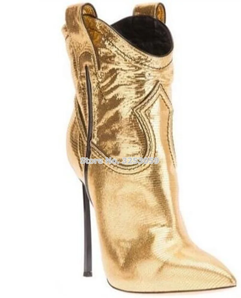 ALMUDENA Gold Silver Lizard Pattern Metal Thin High Heels Ankle Boots Pointed Toe Stiletto Heels Dress Pumps Dropship Short Boot