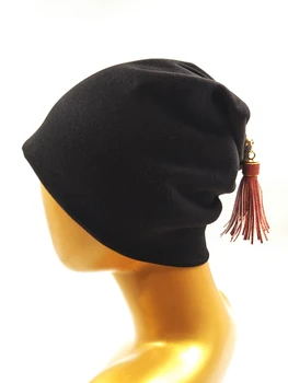 

B17953 New fashion 100% cotton Tassel skullcap good stretch personality cotton hair accessory hats solid beanies for women