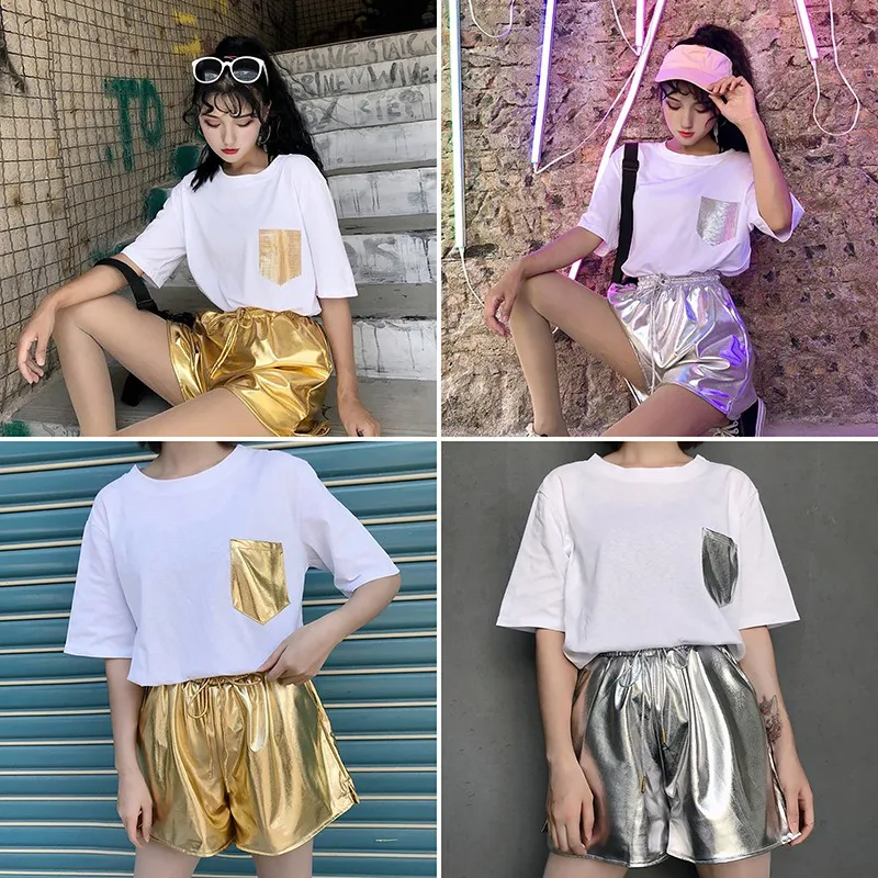 

Short Set for Women Harajuku Style Two Piece Set Fashion Solid Short Sleeve Hole O-Neck Ladies Top And PVC Shorts Femme