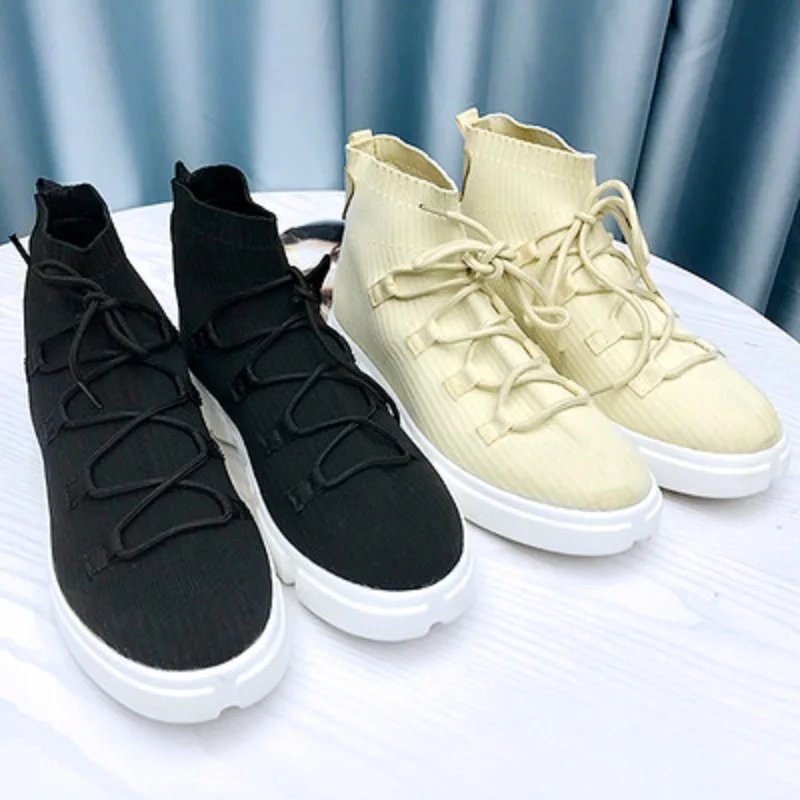 

MoBeiNi 2018 autumn new flat casual high shoes women's shoes elastic socks shoes female students solid lace-up round toe pu