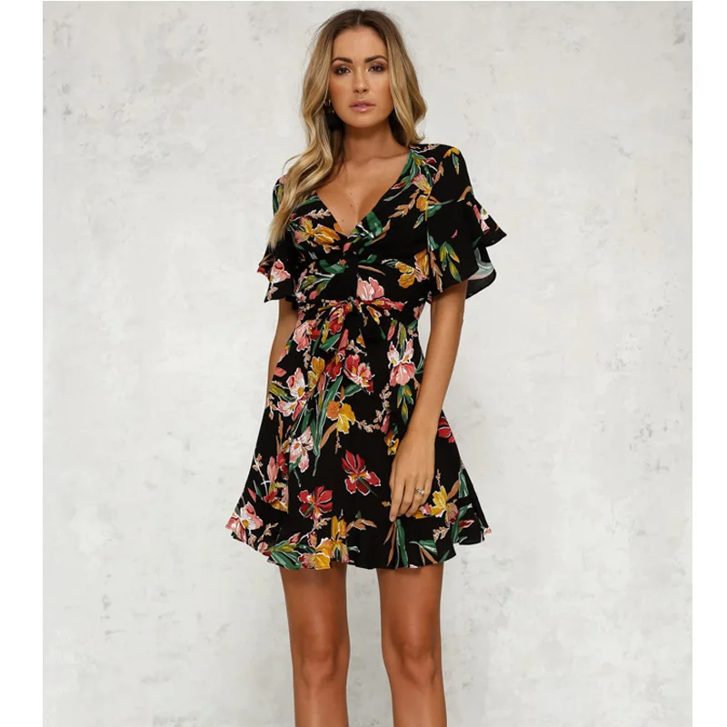 Image Women Summer Sexy Floral Boho Bohemian Mini Black Beach Dress Ladies Fashion 2019 Clothes c.h.i.c