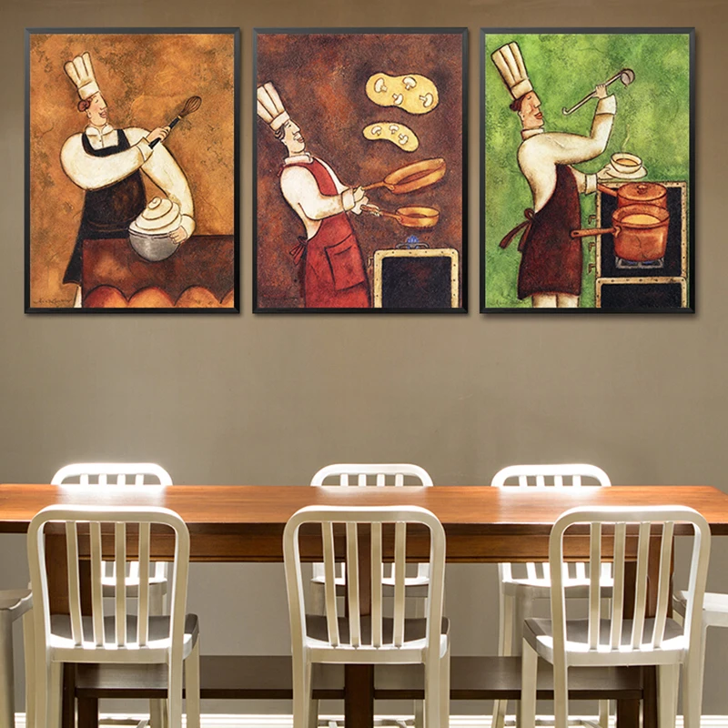 Us 3 11 58 Off Restaurant Waiter Canvas Painting Coffee House Wall Art European Retro Kitchen Poster Print Creative Cook Dining Room Picture In