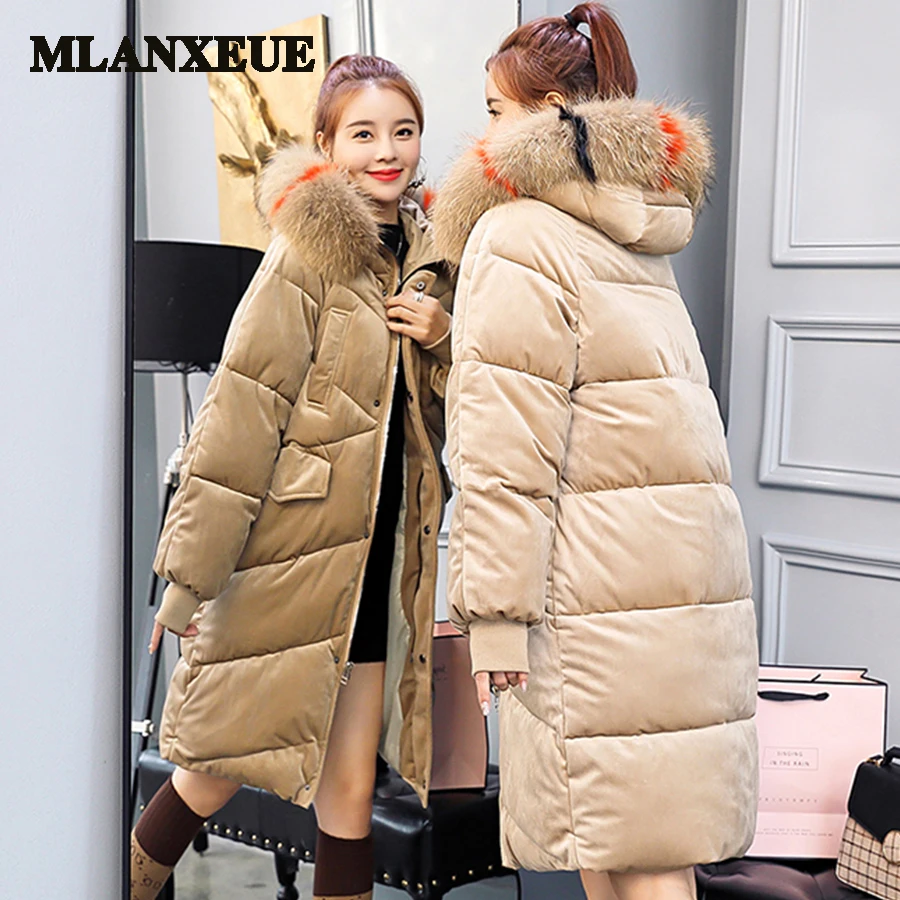 With fur trim hood Cotton Liner long down coats women plus size warm straight long Windbreaker female pockets zipper winter