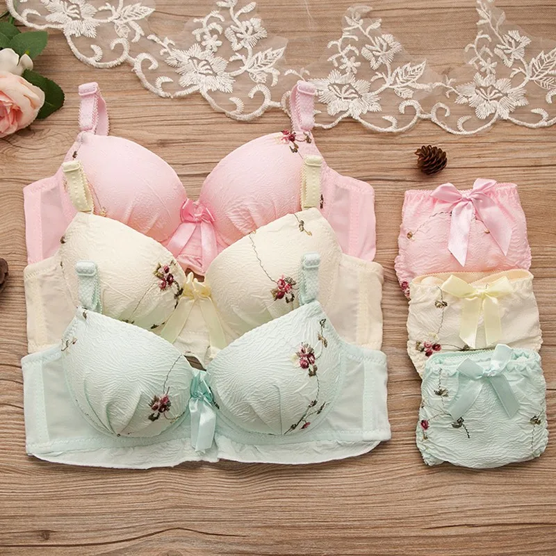 Deruilady Elegant Girl Bra Set Cute Underwire Embroidery Bra Panties Set Cotton Lace Underwear