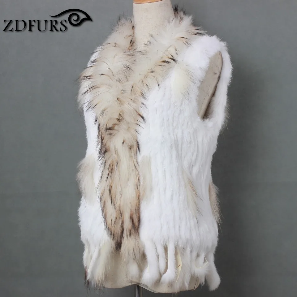 FXFURS натуральный мех кролика жилет с воротником из меха енота жилет/куртки кролика рекс вязаный зимний для женщин - Цвет: white