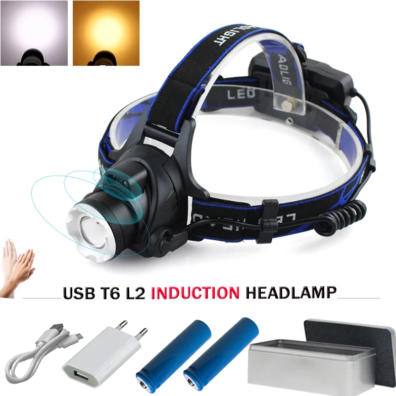 

IR Sensor Induction led Headlight XML L2 White Yellow light zoom HEADLIGHT Micro USB led head light Flashlight Head Torch lamp
