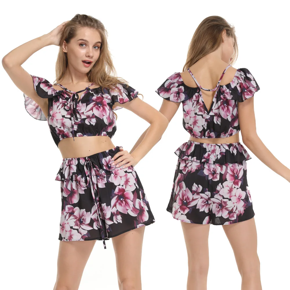 

Summer Sexy Women's falbala Shoulder Floral Print Chiffon Two Pieces Beach Set Off Shoulder Crop Tops and short Casual Suits