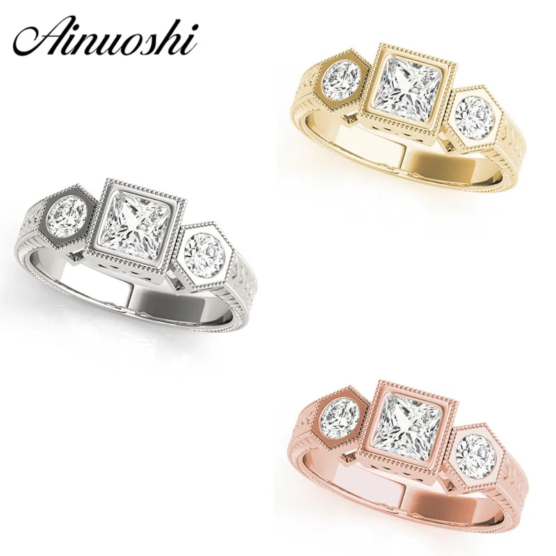 

AINUOSHI 925 Sterling Silver Lady Wedding Engagement Three Stones Rings Anniversary Princess Party Lovely Silver Rings Jewelry