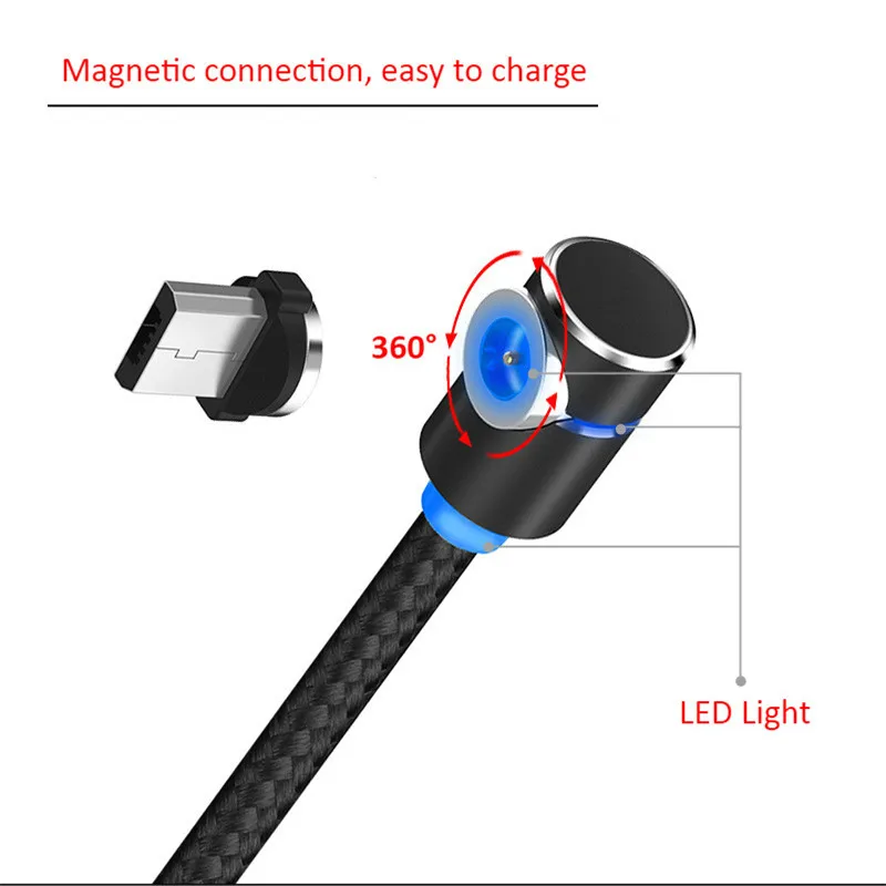 Магнитный кабель 90 градусов Micro Usb type C для iphone X XS зарядный провод Kabel для Xiaomi samsung A50 A80 S10 шнур зарядного устройства 1 м 2 м