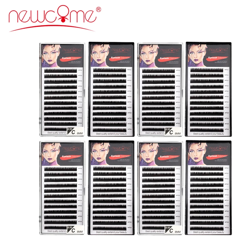 

NEWCOME 8 trays High Quality Eyelash Extension Individual Silk Volume Eyelashes Natural Long Black False Eyelashes Handmade Lash