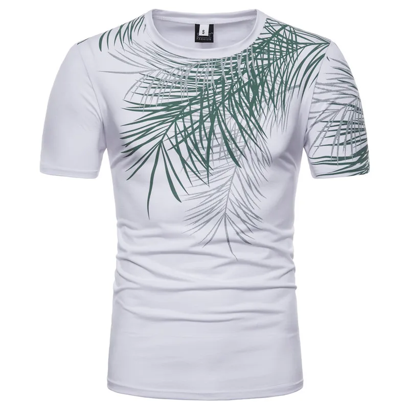 

LanQiao men's Leaves print T-shirt Cotton Short-sleeve Casual O Neck Tees for Summer slim comfort top S-XXL