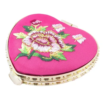 

Heart Shape Embroidered Flowers Mini Pocket Mirror Make Up Cosmetics Rose Red