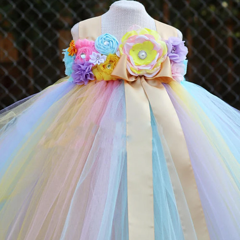 Пастельное Радужное платье-пачка с единорогом и цветами для девочек; платье-пачка длиной до щиколотки для маленьких детей; платье принцессы подружки невесты; детская одежда для дня рождения