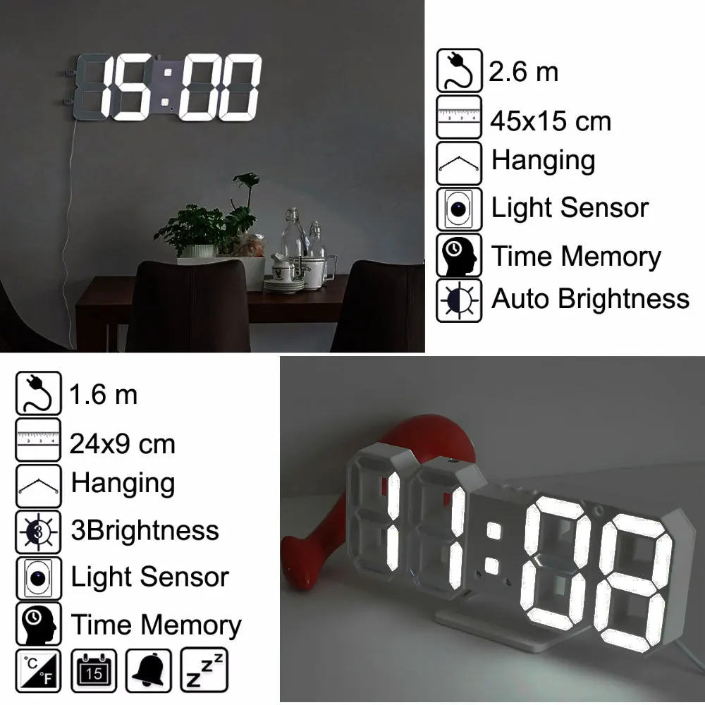 large/small size 3D living room wall clock, Jumbo modern LED, TXL intelligent light sensing led digital watch, low-consumption