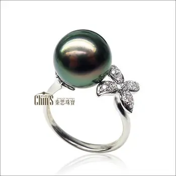 

AAA 10-11mm Black Green Real Cultured Tahitian Pearl Ring 18K Solid White Gold