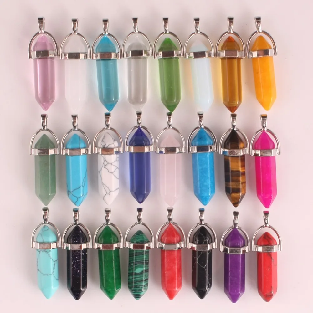 

Wholesale 24pcs/lot High Quality Assorted Natural Stone Mixed Pillar Charms Chakra Pendulum & Necklaces For Making Free Shipping