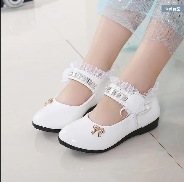 Женская детская черная кожаная обувь для выступлений, женская детская обувь, белые кожаные тонкие туфли принцессы - Цвет: Белый