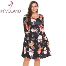 IN’VOLAND Large Size Women Dress 5XL Autumn Christmas Printing Long Sleeve Slim Fit A-Line Large Party Dresses Vestidos Oversize