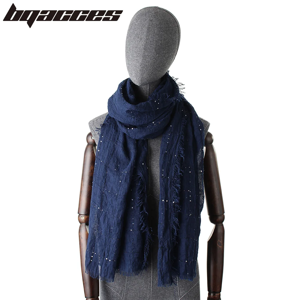 

[BQACCES] Fashion Solid Color Sequins Embroidery Cotton Scarf Fringed Wrinkled Plaid Silk Scarves Women Shawl New Hijab Bufanda