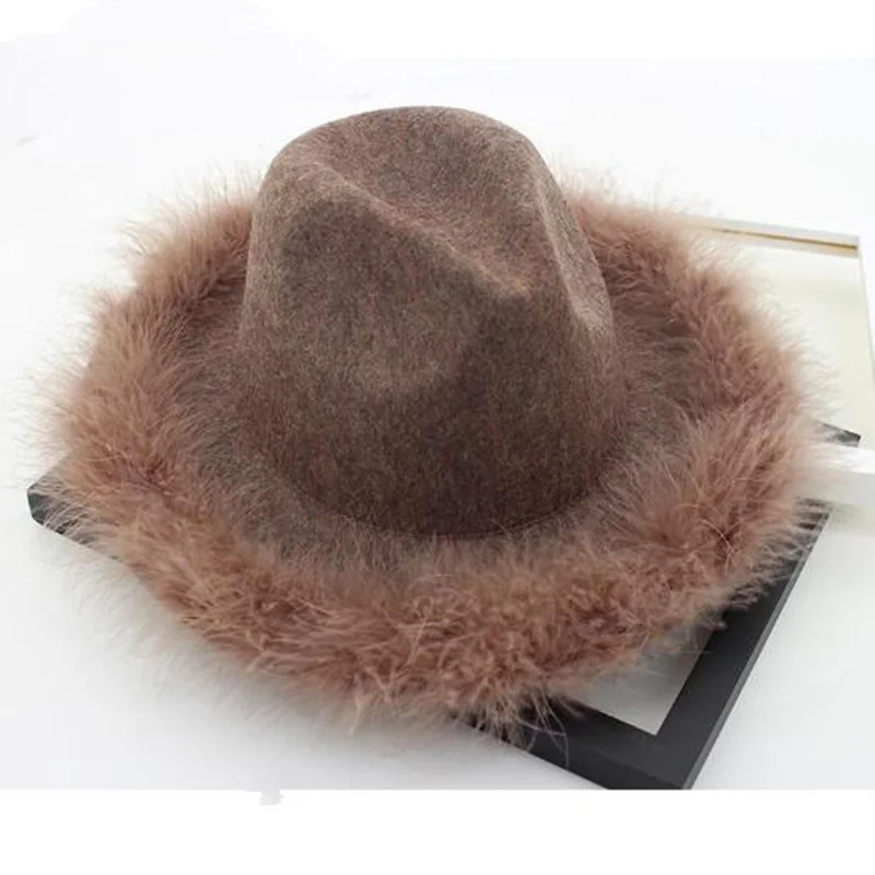 Новая женская имитация шерсти ковбойская шляпа с широкими полями ковбойская джазовая шляпа Зимняя теплая женская шляпа