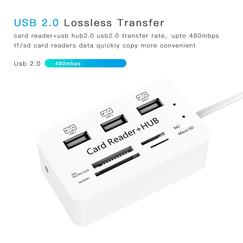 3 порта usb-хаб высокоскоростной USB2.0 разветвитель Кабель кардридер поддержка SD MMC TF M2 MS для Windows XP 7 8 10 Mac OS