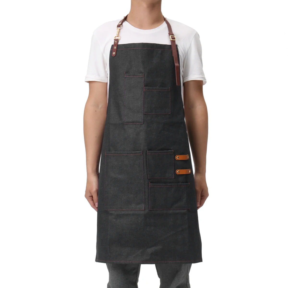 Unisex Women Men Denim Bib Apron Cowboy Antifouling Leather Strap