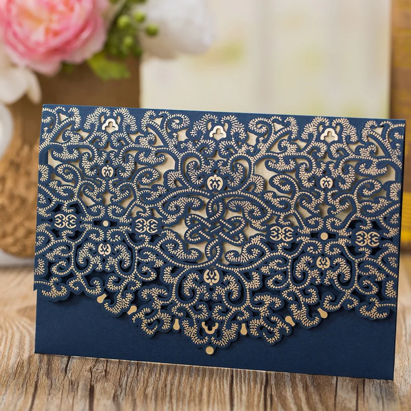 

50pcs Blue Laser Cut Luxury Flora Wedding Invitation Card Elegant Lace Favor with Envelopes Birthday Wedding Party Decoration