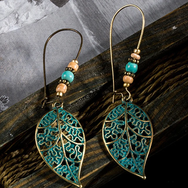 Vintage boho bronze hollow leaf wooden beads drop earrings Bohemian ethnic danglers holiday ear ...