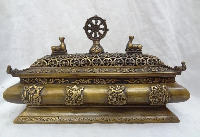

xd 002737 9"Tibet Bronze 8 Auspicious Symbol Vajra Statue Box Flower Incense Burner Censer