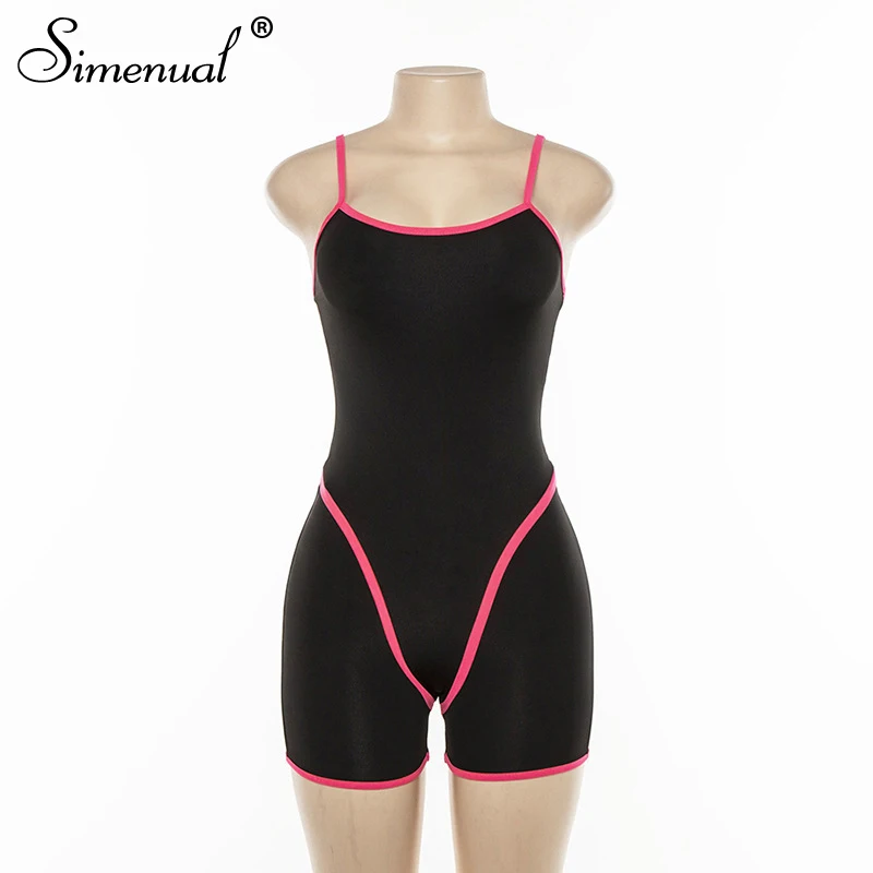 Simenual Pink Striped Workout Biker Playsuits Women Backless Sleeveless Bodysuit Fitness Sporty Active Wear Strap Neon Play Suit Simenual Pink Striped Workout Biker Playsuits Women Backless Sleeveless Bodysuit Fitness Sporty Active Wear Strap Neon Play Suit