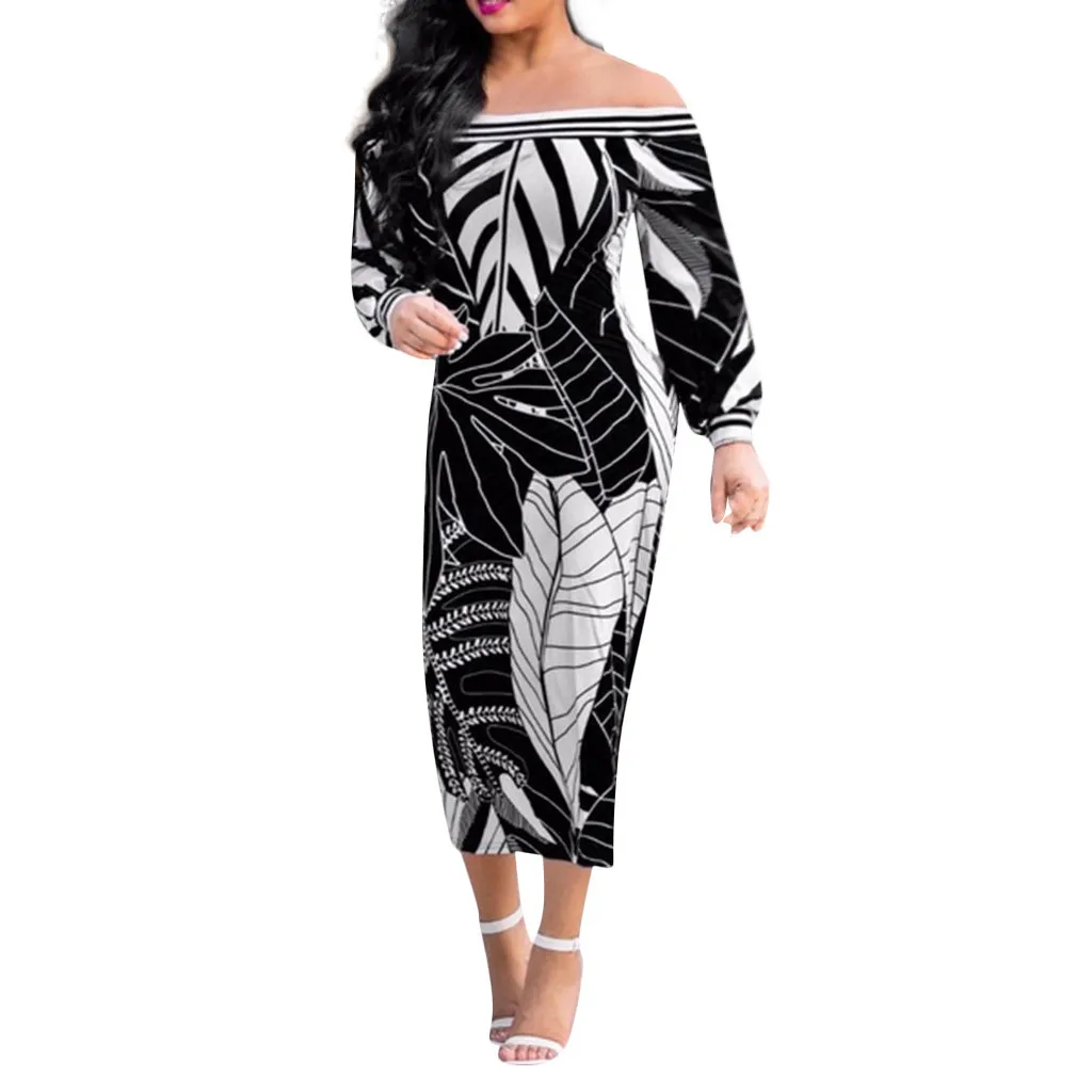 

Women Sexy Off Shoulder Printed Sexy Strapless Long Sleeve Traditional Dress