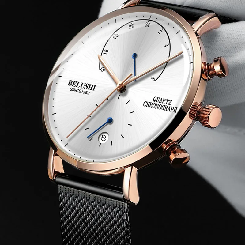 Belushi мужские водонепроницаемые часы кожаный ремешок тонкий кварцевые повседневные деловые мужские наручные часы лучший бренд Belushi мужские часы