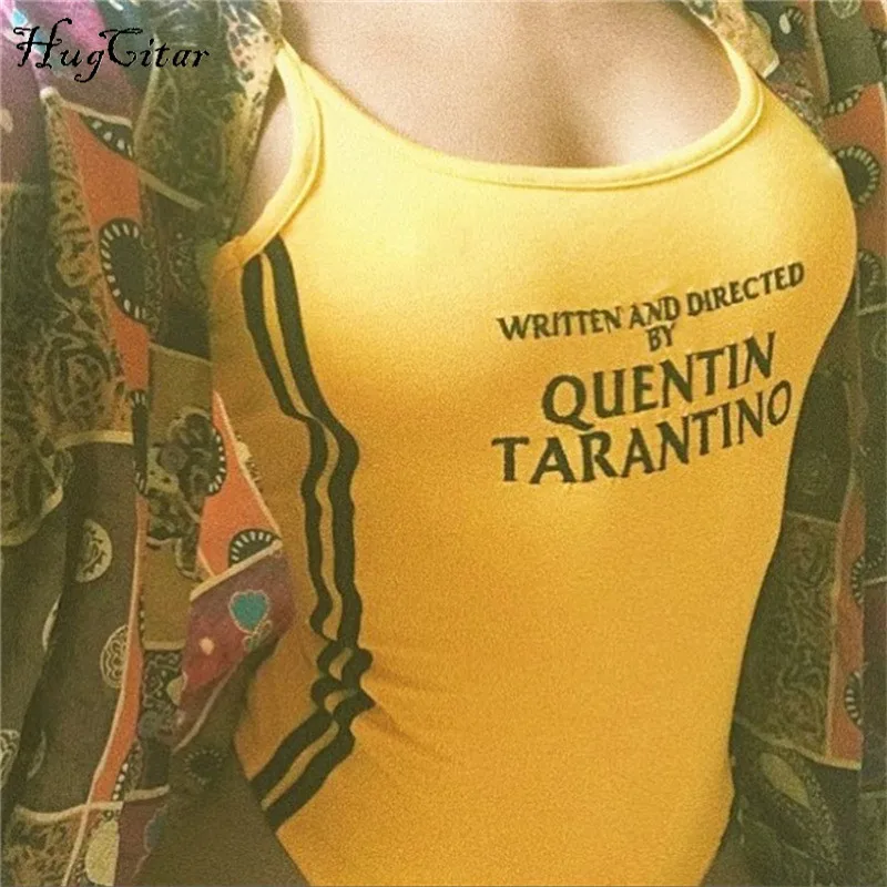 Hugcitar القطن 2018 مثير المرأة عارضة Bodycon داخلية خطابات طباعة س الرقبة الإناث السباغيتي الأشرطة الجسم رومبير زر الصيف