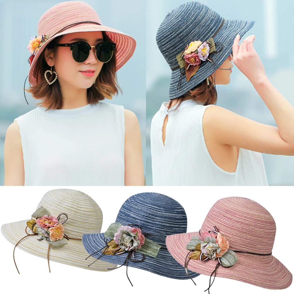 Женская, Дамская, модная, летняя, Пляжная, со средними полями, складная, для путешествий, соломенная шляпа, кепка, для отдыха, на каждый день, цветочный дизайн, шляпа от солнца