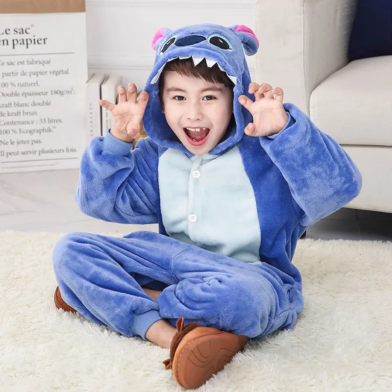 Pijama Infantil Onesie Hooded Kids Animal Cartoon Pajama Blue Pink Stitch Children Boy Girl Unisex Pyjama