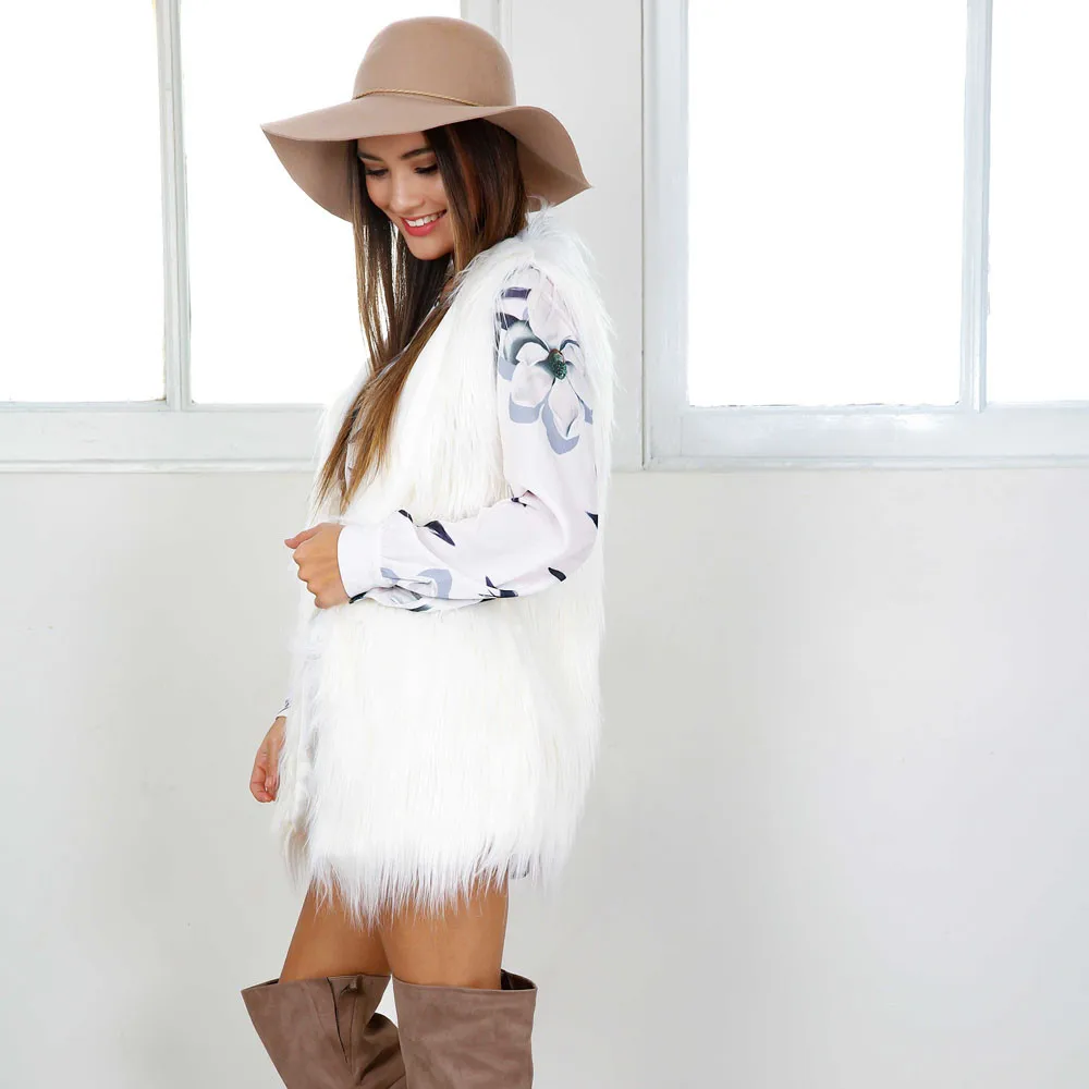 Winter Womens White Sleeveless Vest Faux Fur Slim Vest Coat Female Long Waistcoat Outwear Jacket Waistcoat
