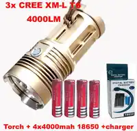 WasaFire SKY RAY King 4000 Lumen 3 x XML T6 LED Flashlight Torch Camp 30W Lamp Light + 4 * 18650 4000mah Battery + Charger