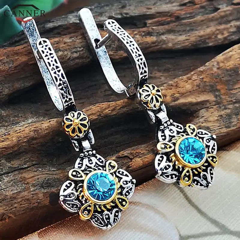 Declaración Vintage pendientes Aqua Azul Cristal Stud Oro Antiguo CuadradoLibre P/&P